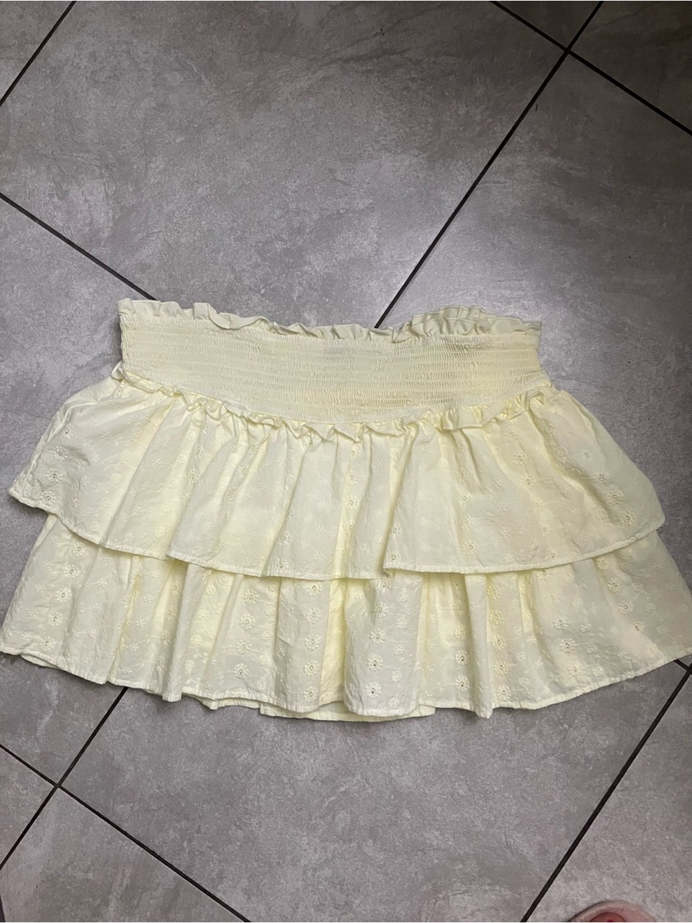 Smocked Tiered Eyelet Mini Skirt - Light Yellow